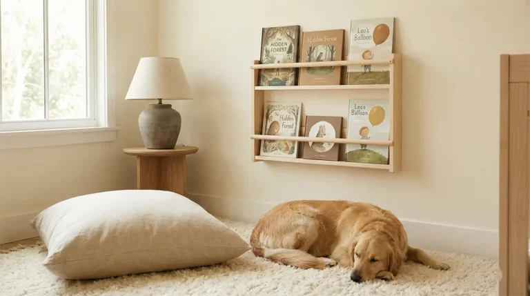 A cozy, Montessori-inspired children's reading corner featuring a forward-facing wooden bookshelf displaying Zara Whisper children's books, with a sleepy golden retriever resting on a plush rug—representing ZestoraLife's premium family and pet lifestyle.