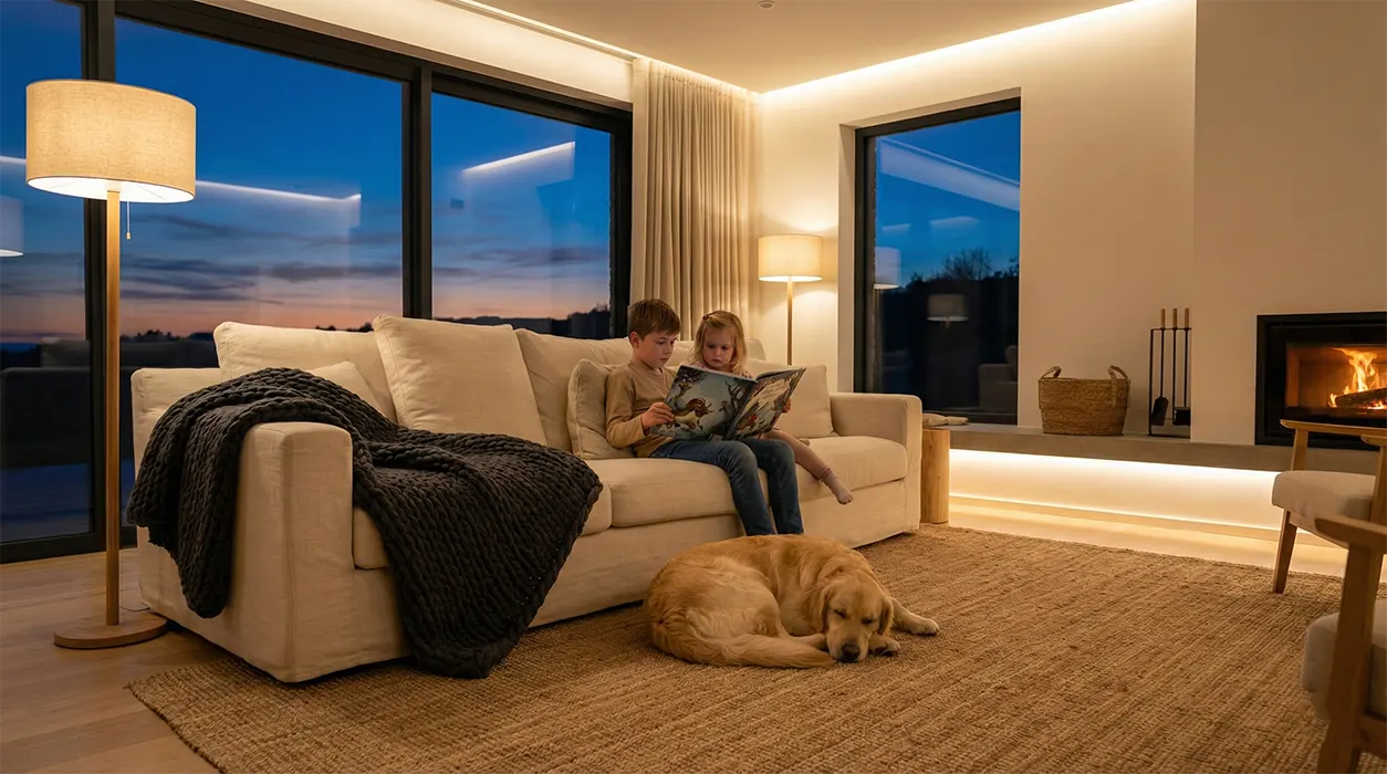 An older brother and younger sister enjoying sibling storytime on a couch with a golden retriever, showcasing premium children's books and pet lifestyle.