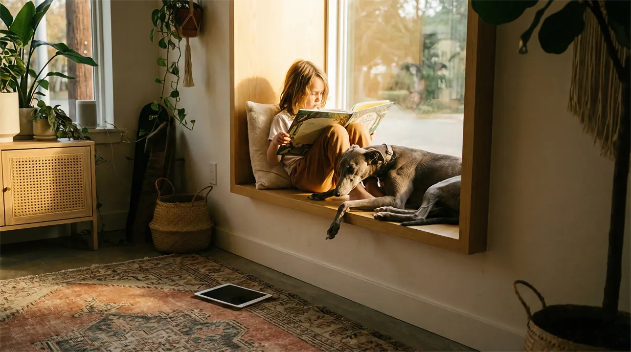A child embracing an analog childhood by reading a physical book while ignoring a digital tablet in a modern home.