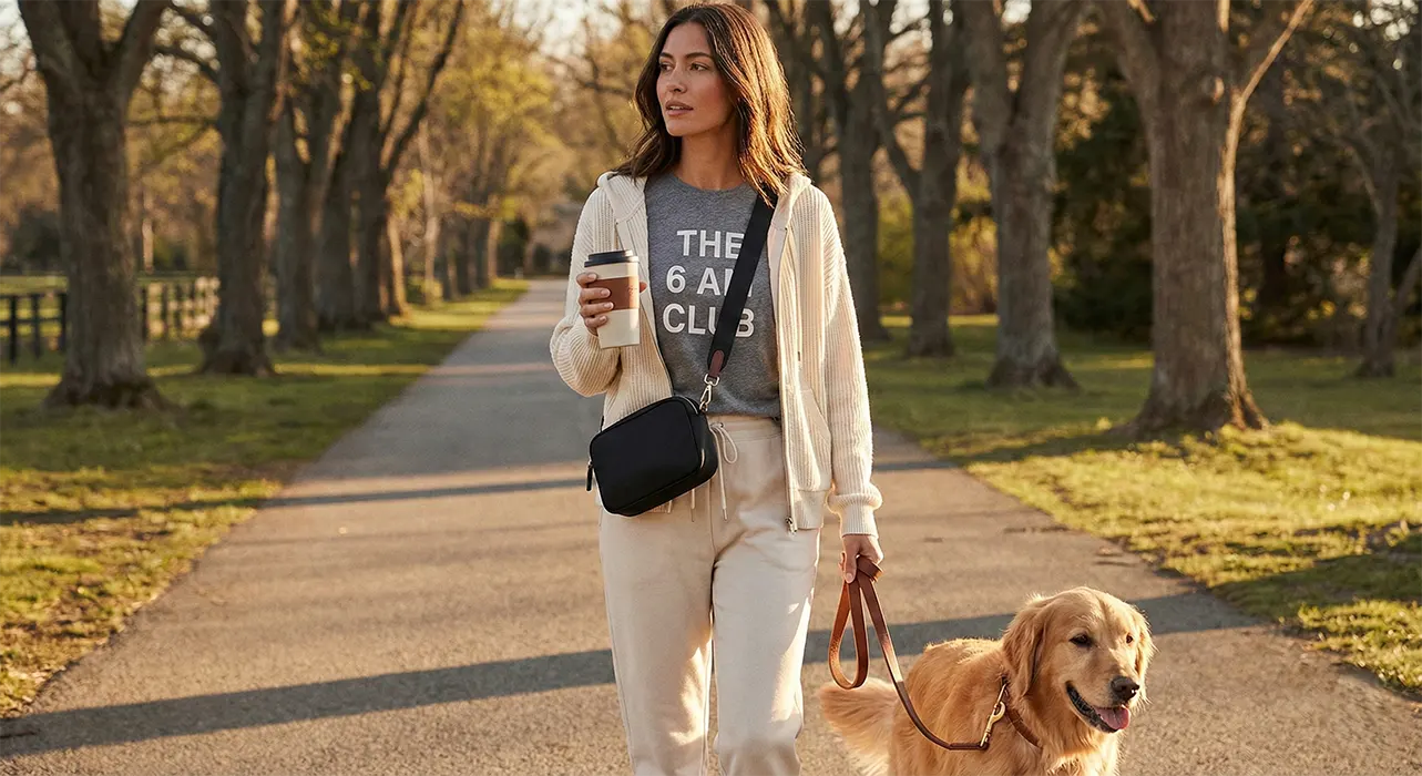 A woman walking a golden retriever on a sunny path wearing a premium Pet Lounge graphic tee, cozy hoodie, and carrying a coffee mug — representing ZestoraLife's exclusive pet lifestyle gear and premium children's literature boutique.