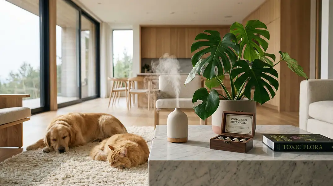 A beautifully decorated modern living room showing sleeping pets near a diffuser and plants, highlighting the need to check for hidden pet toxins in western homes.