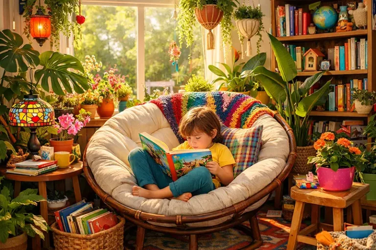 A young child experiencing the benefits of physical books for children by reading in a quiet, sunlit home environment.