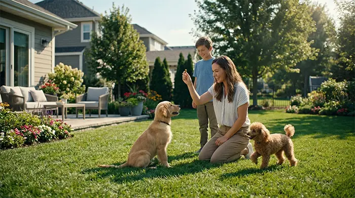 A happy family successfully teaching commands to their Golden Retriever in a sunny backyard, representing the joy of choosing easy to train dog breeds for your home.