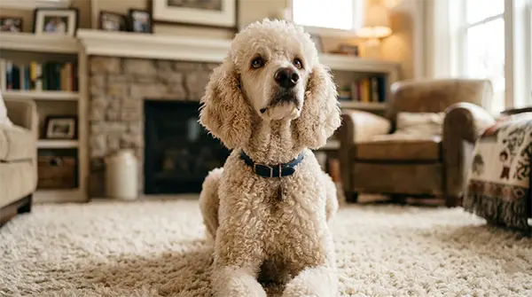 A highly intelligent and biddable Standard Poodle waiting for a command in a premium home setting, showcasing the capability of easy to train dog breeds.
