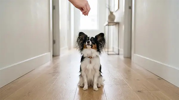 A tiny Papillon dog with large butterfly ears learning a "wait" command, demonstrating that biddability exists in the most easy to train dog breeds, regardless of size.