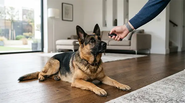 A focused German Shepherd in a down-stay looking at a clicker, illustrating the discipline and biddability of the easy to train dog breeds in the working group.
