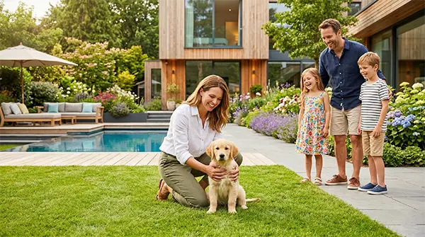 A happy family successfully teaching commands to their Golden Retriever in a sunny backyard, representing the joy of choosing easy to train dog breeds for your home.