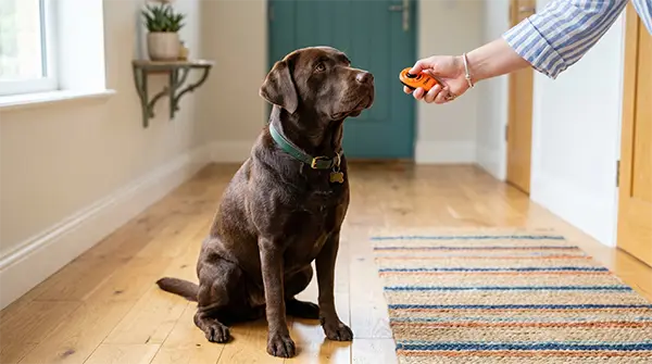 A well-trained Labrador Retriever maintaining a precise down-stay on a modern hardwood floor, demonstrating obedience control.