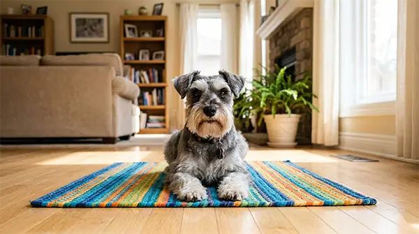 A disciplined Miniature Schnauzer practicing a down-stay command on a mat in a home environment, showcasing its cooperative and intelligent personality.