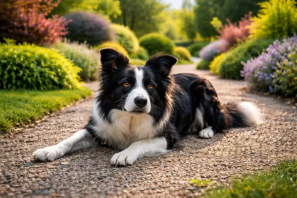 A highly focused Border Collie demonstrating intense cooperation and control during an outdoor obedience session.