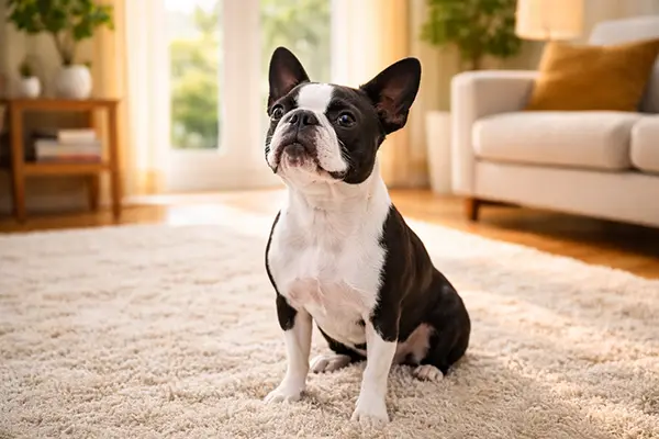 A focused Boston Terrier sitting on a rug in a modern home, demonstrating why they are one of the top easy to train dog breeds for beginners.