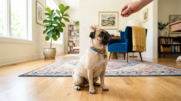 A patient Pug sitting calmly on a hardwood floor, showing incredible focus and food motivation during a positive reinforcement obedience session.