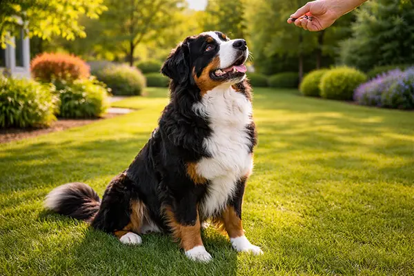 A gentle Bernese Mountain Dog sitting attentively on a green lawn, showcasing the breed's cooperative temperament and eager-to-please attitude.