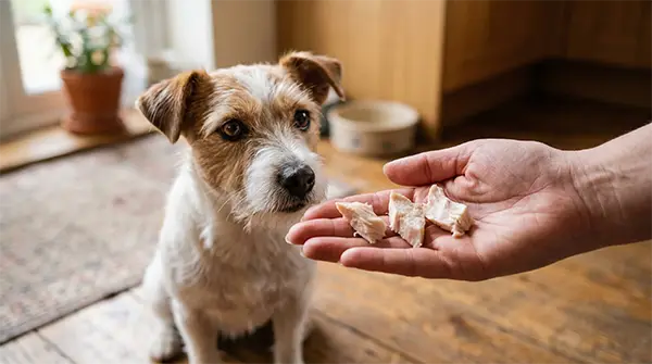 Real pieces of boiled chicken being used as irresistible high-value dog training treats to capture a dog's attention.