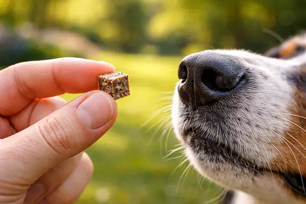 A tiny cube of freeze-dried liver being used to capture a dog's attention, demonstrating the perfect size for high-value dog training treats.