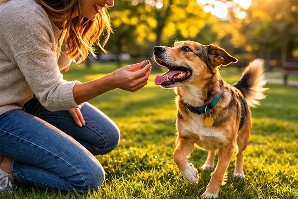 A joyful dog returning to its owner and receiving high-value dog training treats as a jackpot reward for a successful recall in a park.