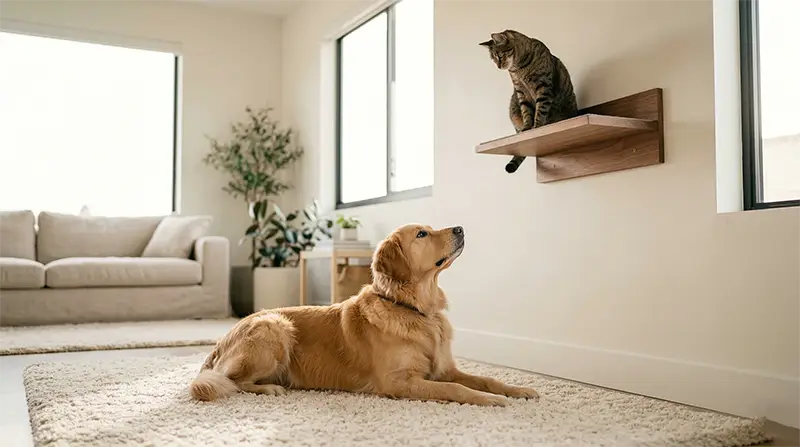 A calm golden retriever and a cat resting in a living room, highlighting the success of introducing dogs and cats.