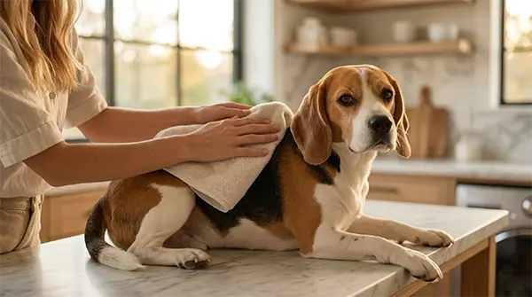 A woman rubbing a towel on a beagle, demonstrating a crucial step in introducing dogs and cats.