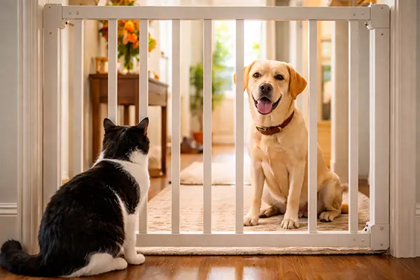 A dog and cat looking through a baby gate safely, a key step in introducing dogs and cats.