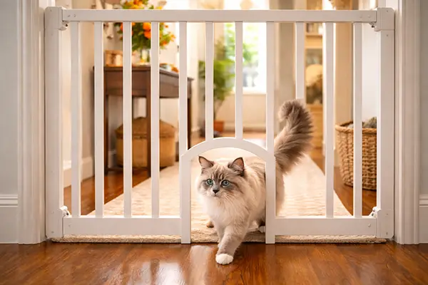 A cat walking through a gate door, illustrating safe zones for introducing dogs and cats.