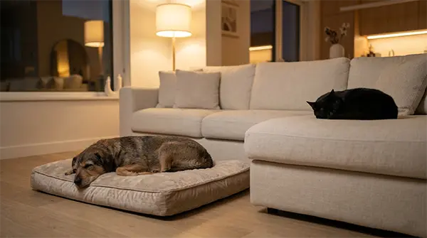 A dog and cat resting peacefully in a living room, marking the successful end of introducing dogs and cats.