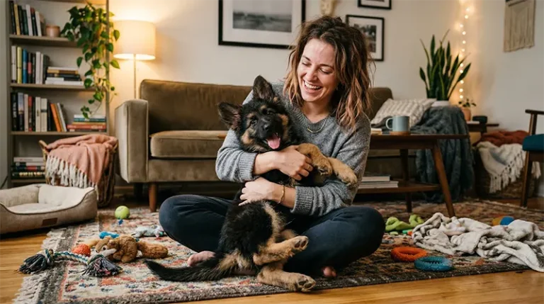 A candid, warm-lit photo of a new puppy parent looking overwhelmed but happy while holding a chaotic German Shepherd puppy in a boutique living room.
