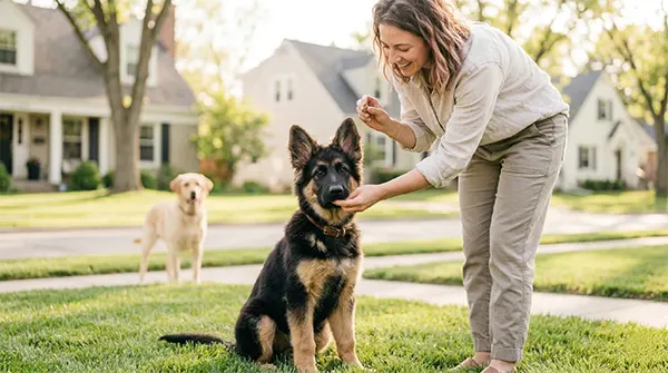 A bright outdoor photo showing a German shepherd puppy sitting politely and calmly during a controlled, gentle socialization introduction with an adult dog.