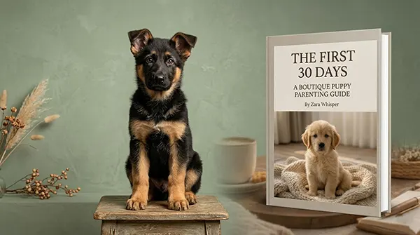 A professional studio portrait of a 12-week-old German Shepherd puppy sitting confidently and looking alertly at the camera, symbolizing successful training.