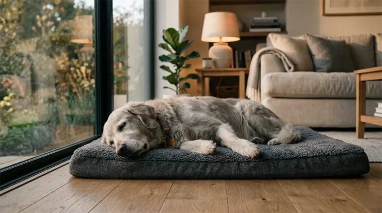 A graying Golden Retriever resting peacefully on an orthopedic rug as part of proper senior dog home care.