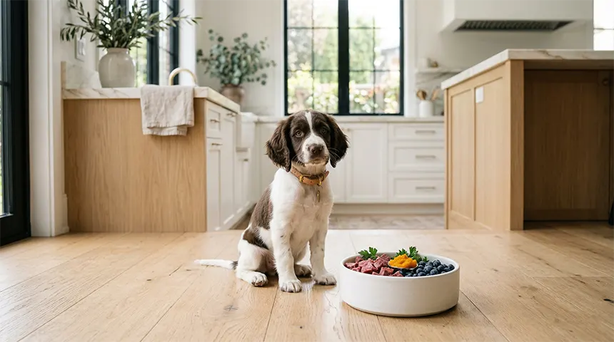 An adorable English Springer Spaniel puppy sitting next to a freshly prepared Whole Food Puppy Diet bowl in a bright, modern kitchen.