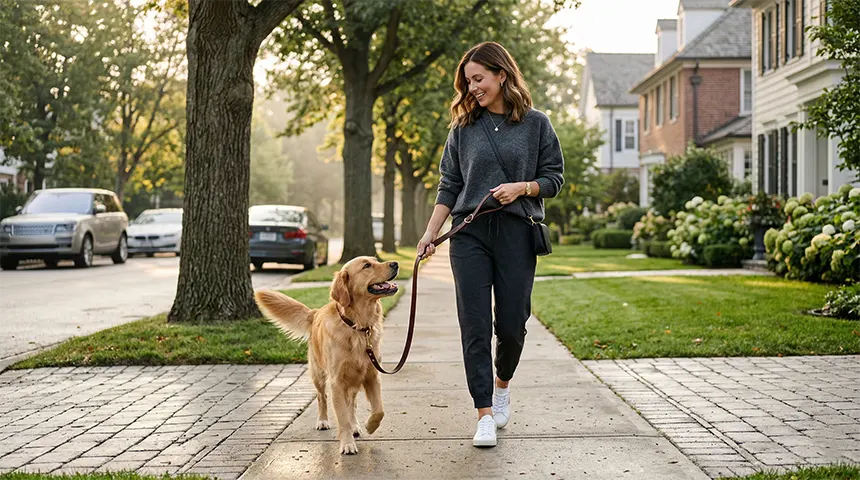 A stylish woman showcasing her modern dog mom wardrobe while walking a Golden Retriever on a peaceful morning.
