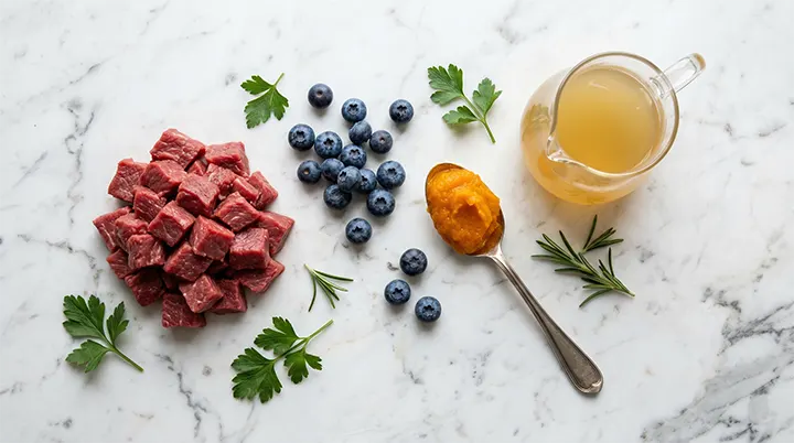 A beautiful, flat lay arrangement of fresh, biologically appropriate ingredients used to create a balanced Whole Food Puppy Diet.