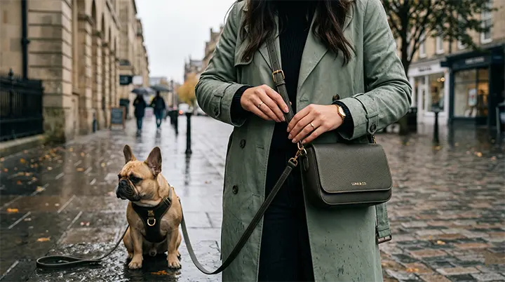 A detailed view of a sage green raincoat and cross-body bag forming the perfect weather-proof modern dog mom wardrobe.