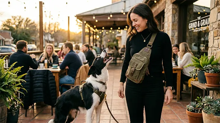 Utilizing a cross-body bag as part of a hands-free modern dog mom wardrobe to seamlessly reward a Border Collie.