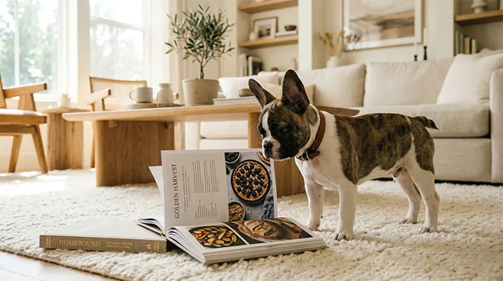 A young French Bulldog puppy exploring a premium recipe guide designed for creating a flawless Whole Food Puppy Diet.