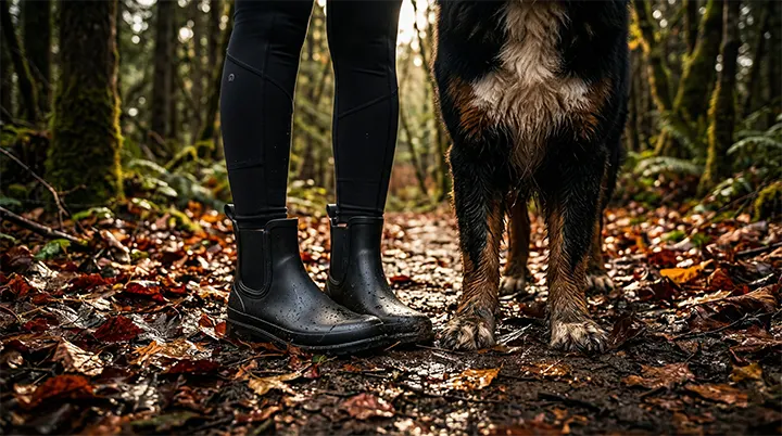Waterproof Chelsea boots paired with structured leggings representing the durable footwear of a modern dog mom wardrobe.
