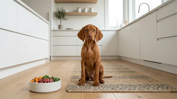 A disciplined Vizsla puppy executing a calm sit command before being released to eat their Whole Food Puppy Diet.