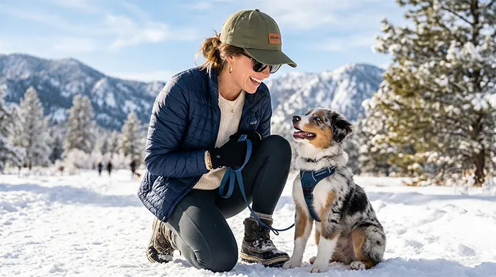 A woman wearing a baseball cap, sunglasses, and thermal gloves to complete her functional modern dog mom wardrobe while walking a puppy.
