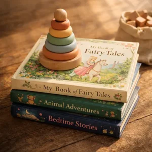 A stack of beautifully illustrated children's storybooks and a wooden toy.