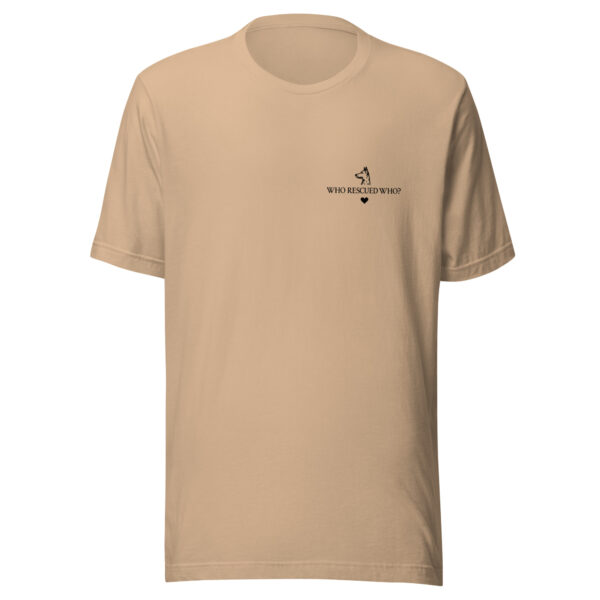 unisex-staple-t-shirt-tan-front-69bd217c7c40e.jpg "Who Rescued Who?" Minimalist Pocket T-Shirt (PD008_T01)