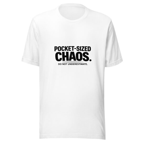 unisex-staple-t-shirt-white-front-69be47d7d8181.jpg "Pocket-Sized Chaos" Funny Small Dog T-Shirt (PD011_T01)