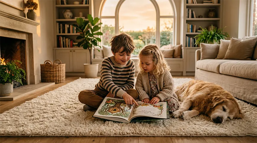 A modern parents guide to a peaceful sibling storytime featuring an older brother and toddler sister reading together with their golden retriever