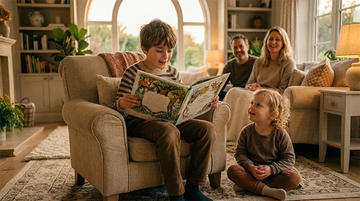 Empowering the older child to act as a guest narrator during the nightly sibling storytime routine