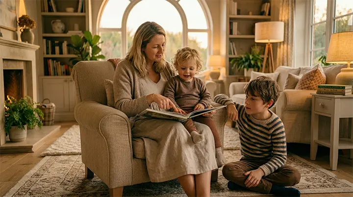 Adapting to different attention spans during a shared sibling storytime with a toddler and an older child