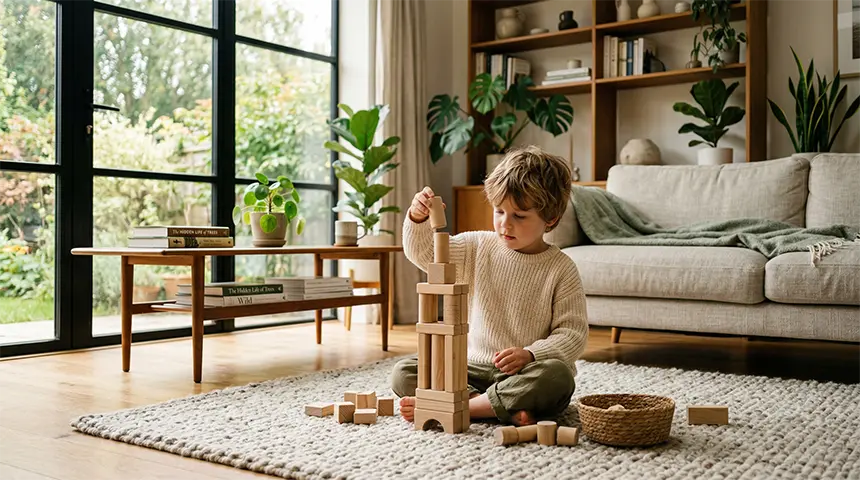A young child building with wooden blocks as a beautiful example of the benefits of limiting screen time for cognitive growth.