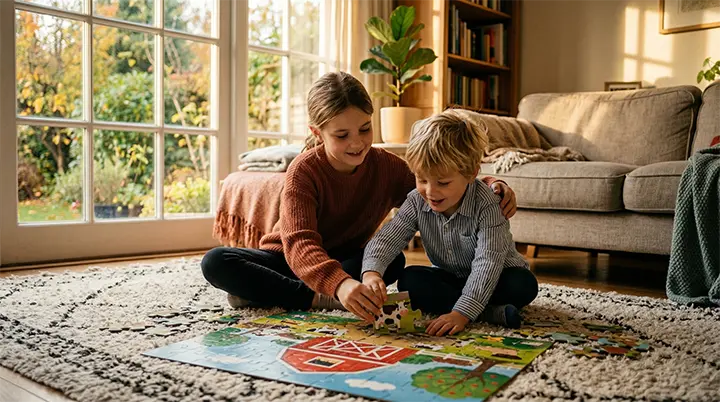 Siblings peacefully building a puzzle together, showcasing the incredible positive social benefits of limiting screen time in a multi-child home.