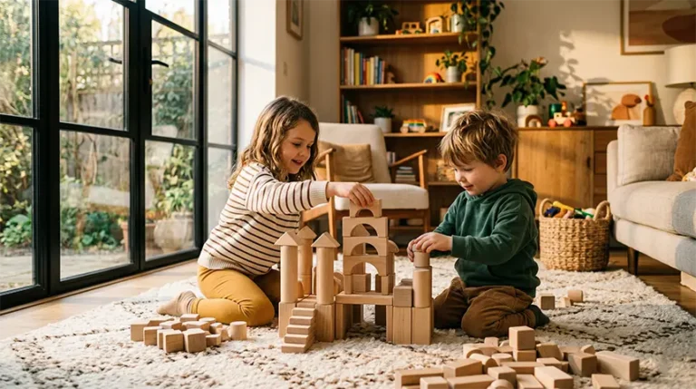 Two young children building a wooden block tower in a sunlit room, representing engaging screen-free weekend activities.