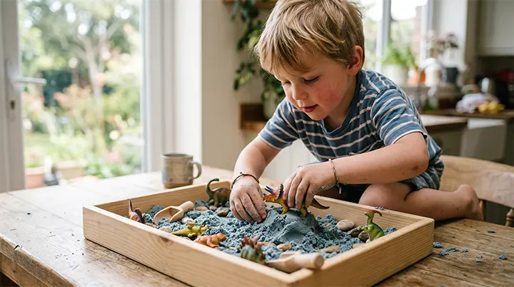 A young boy focusing deeply while playing with a kinetic sand dinosaur bin as part of his screen-free weekend activities.
