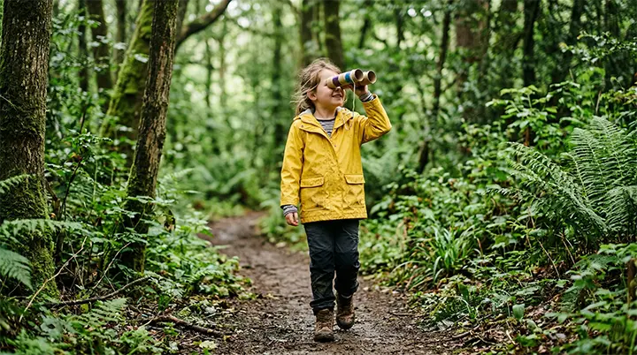 A young girl in a yellow raincoat exploring a park with cardboard binoculars, enjoying outdoor screen-free weekend activities.