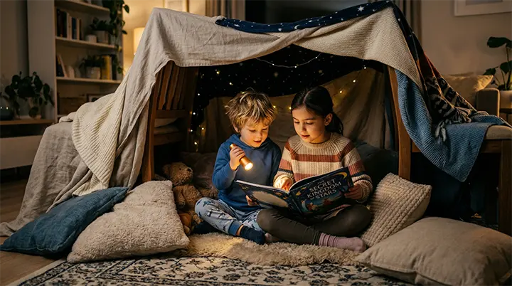 Two children reading a book with a flashlight inside a cozy living room blanket fort during their screen-free weekend activities.